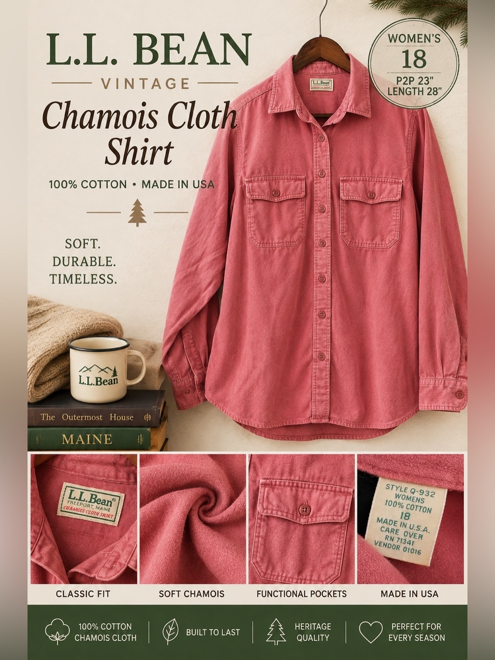 Vintage L.L. Bean Chamois Cloth Shirt Pink Made USA Women’s 18